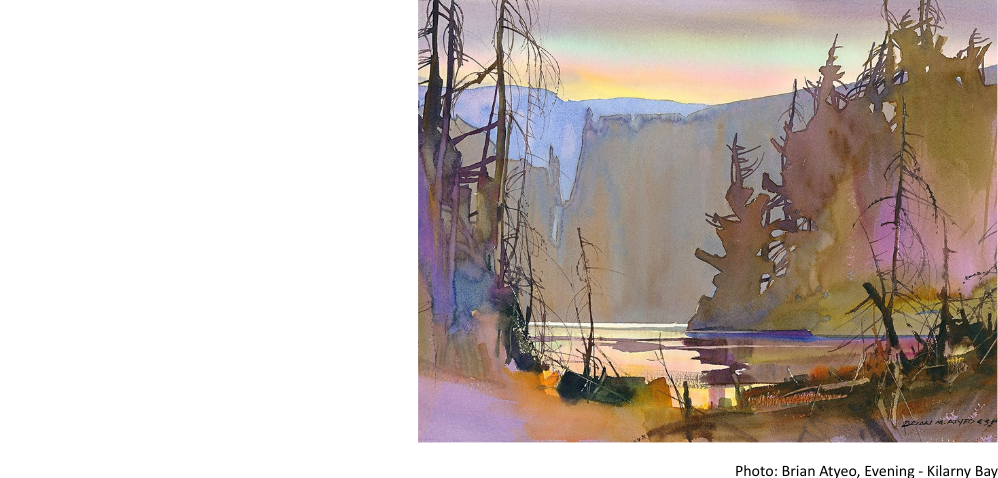 A landscape painting in shimmering pinks, purples, and greens with a metallic sheen. A forest fills the foreground, a calm lake sits mid-ground, and mountains rise in the background.